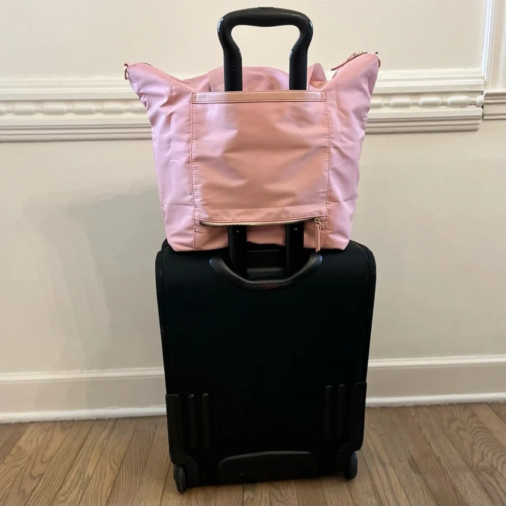 Pink soft padded nylon overnight laptop tote w/ double handle & adjustable strap